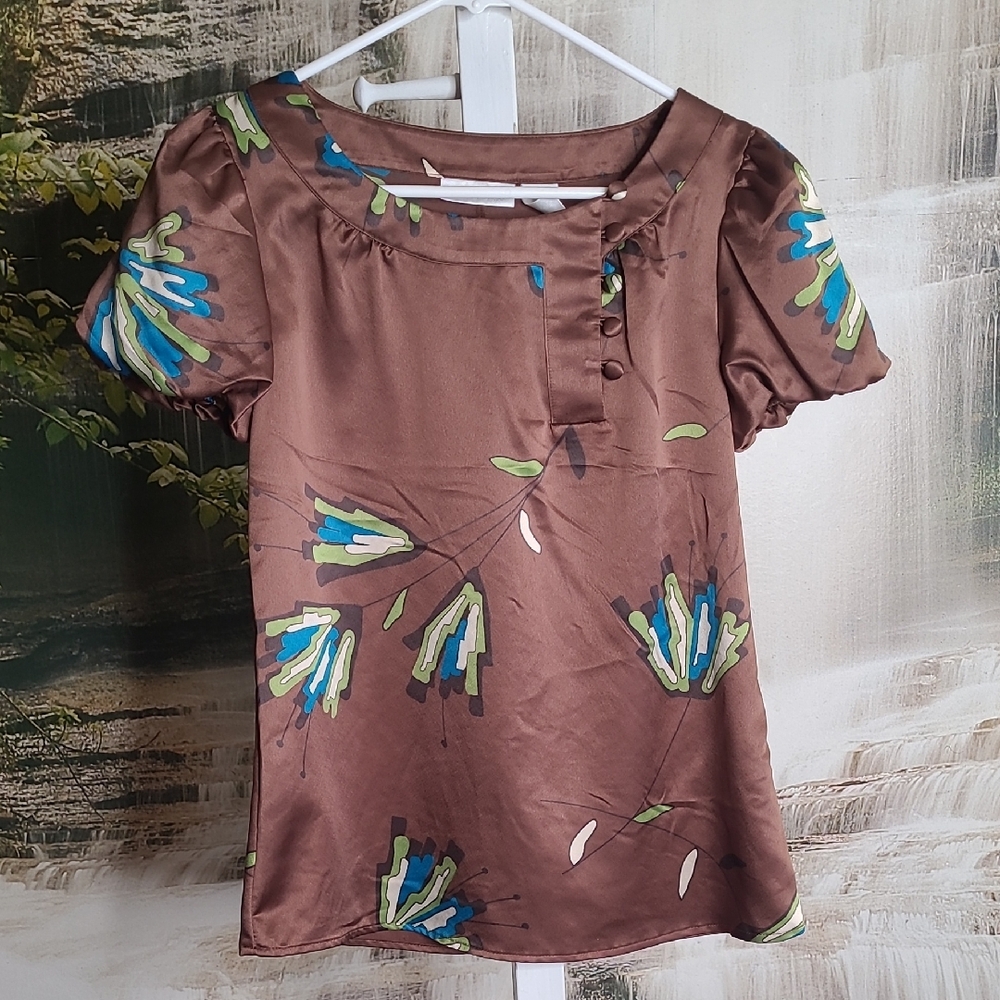 Worthington Womens Small Brown Floral Chic Blouse with Puffy Short Sleeves